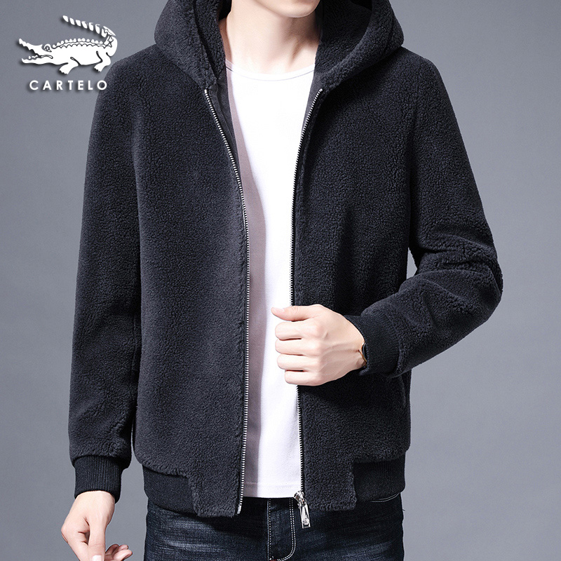 鳄鱼秋冬季颗粒绒外套男仿羊剪绒羊羔绒皮草大衣连帽男士羊毛呢子