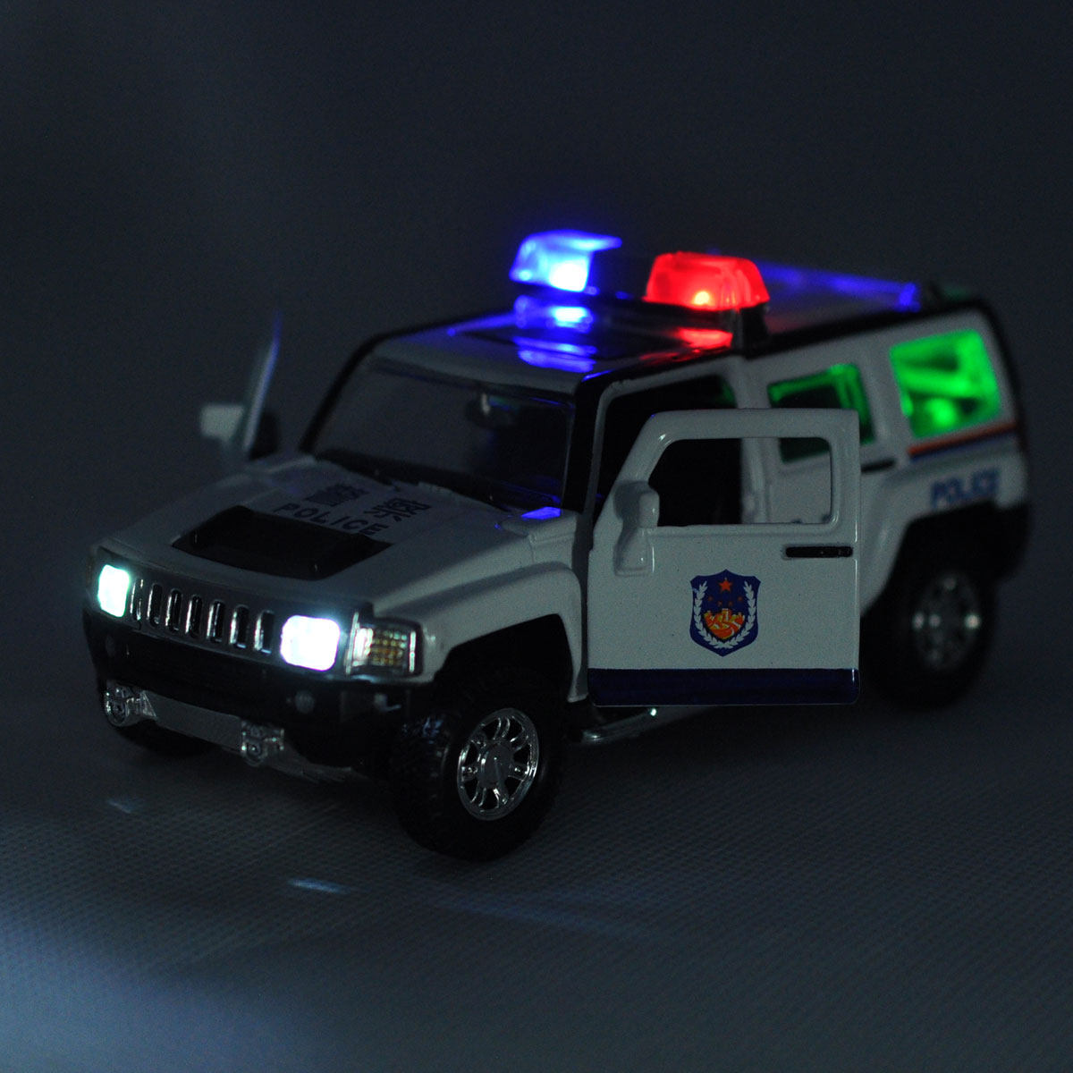 警车成真儿童玩具儿童开门力可回力声光公安合金车模