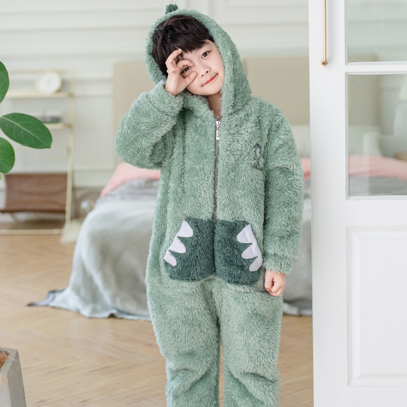 儿童睡衣男童秋冬加厚款珊瑚绒法兰绒男孩恐龙家居服套装