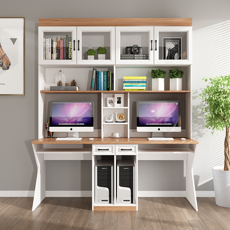 书柜书桌书一体书架组合简约双人电脑桌写字台学习桌子家用办公桌
