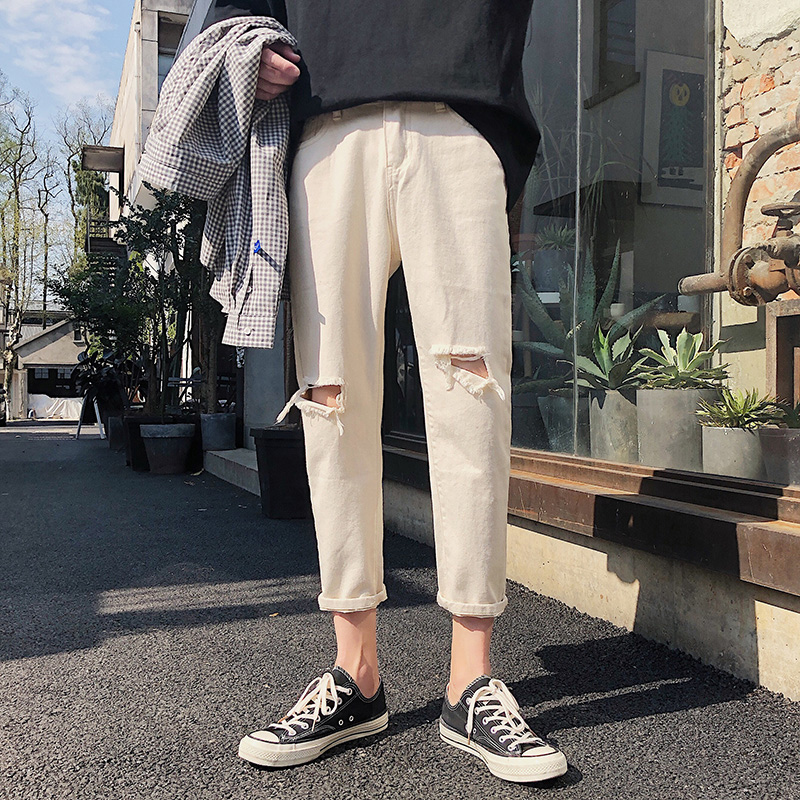 破洞牛仔裤男九分裤潮牌ins潮流修身小脚老爹乞丐cec直筒百搭裤子