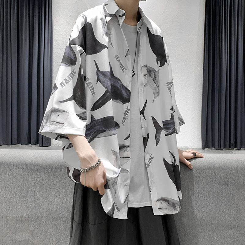 短袖衬衫男慵懒风痞帅高级感ins港风潮流潮牌薄款外套五分袖衬衣