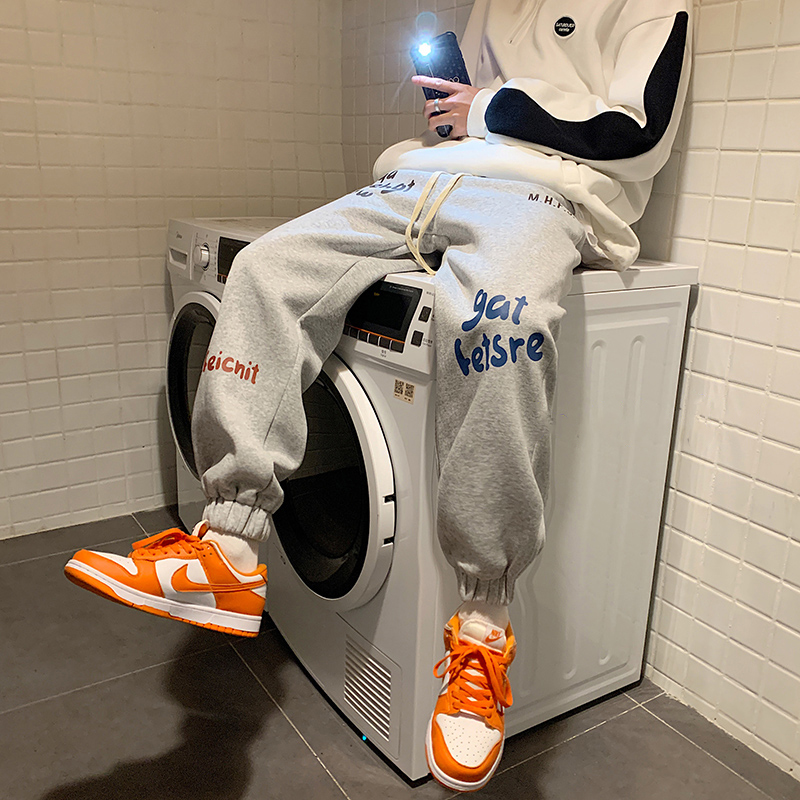 男士卫裤2021秋季新款大码束脚运动裤韩版潮流宽松百搭印花休闲裤