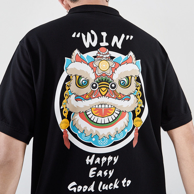 夏装潮牌宽松中国风翻领polo衫ins国潮醒狮潮流保罗衫短袖t恤男