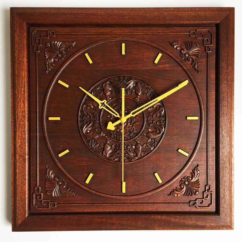 新中式静音挂钟石英电表方形客厅镇国风中国红木挂钟