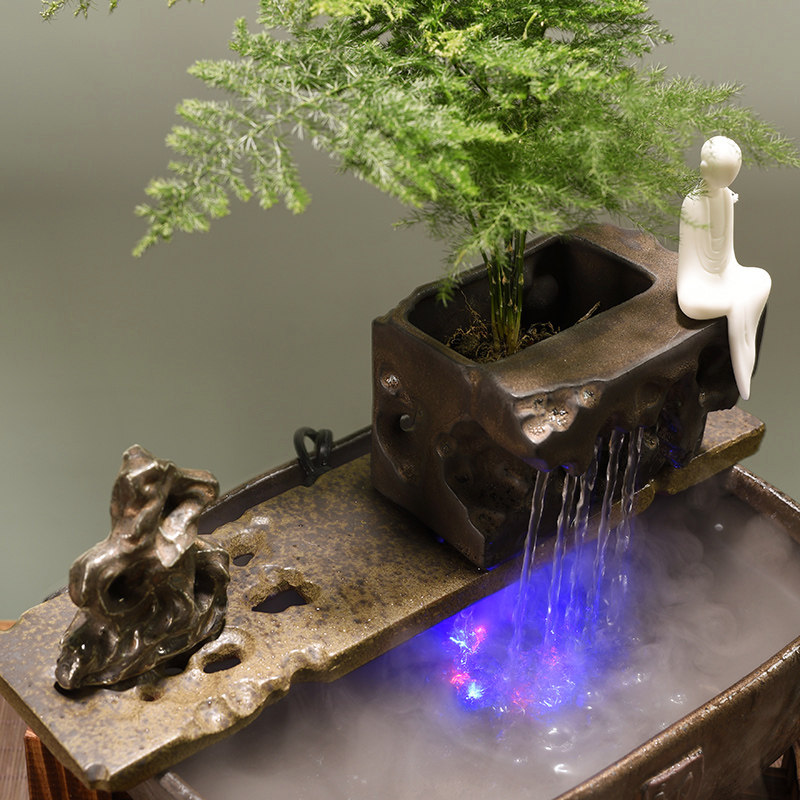 创意禅意陶瓷中式新中式客厅假山加湿器水轮风水摆件