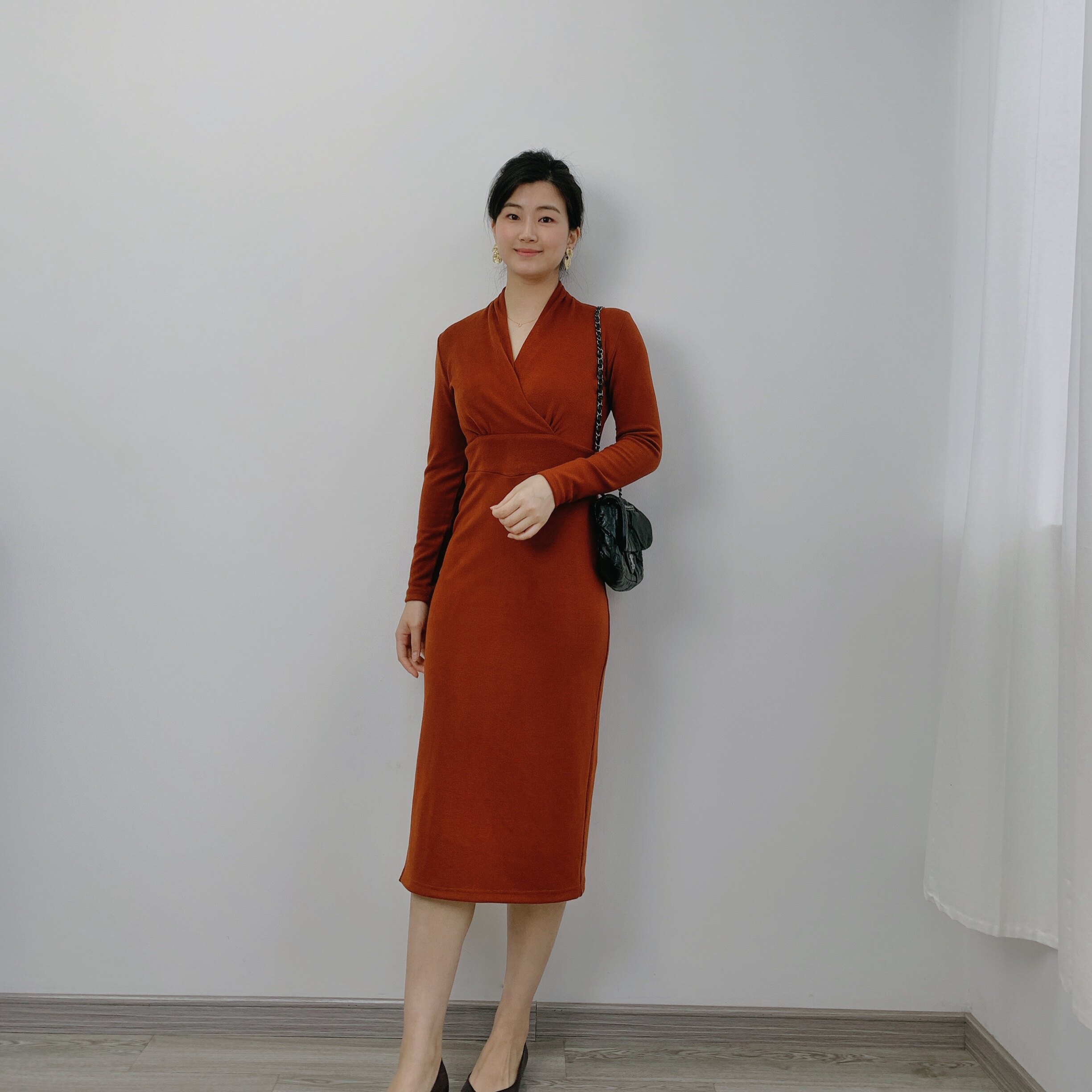 telook独家定制澳绒秋冬气质高腰宽腰节包臀侧连衣裙