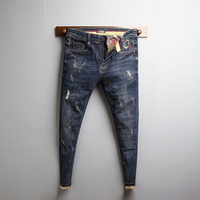 秋季新款深蓝色复古修身牛仔裤男韩版潮流个性猫须破洞补丁小脚裤