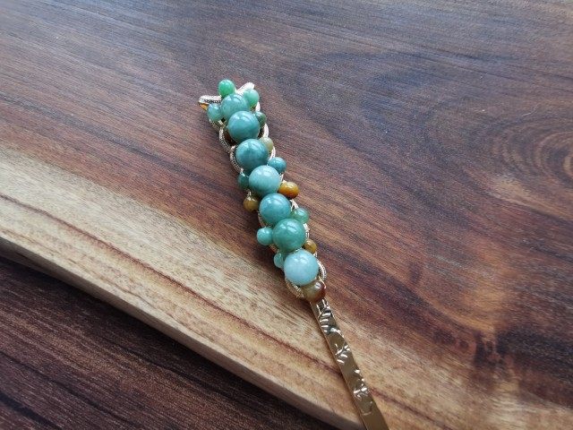 大款天然翡翠琥珀淡水珍珠纯铜发簪扁簪发饰发饰