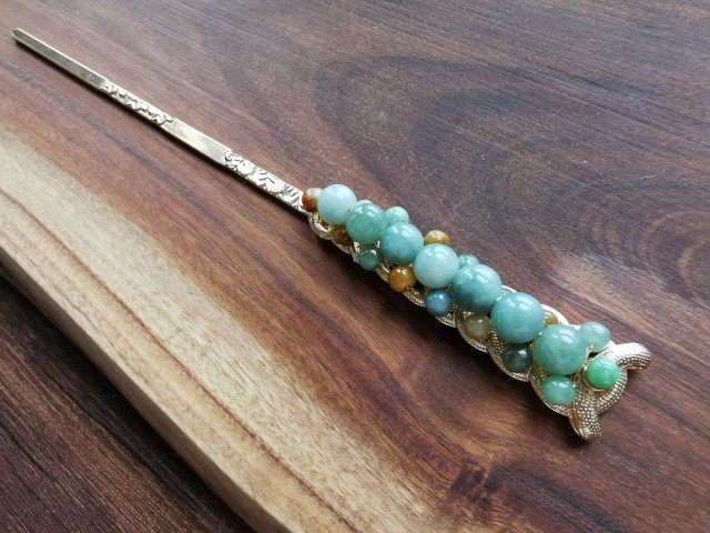 大款天然翡翠琥珀淡水珍珠纯铜发簪扁簪发饰发饰