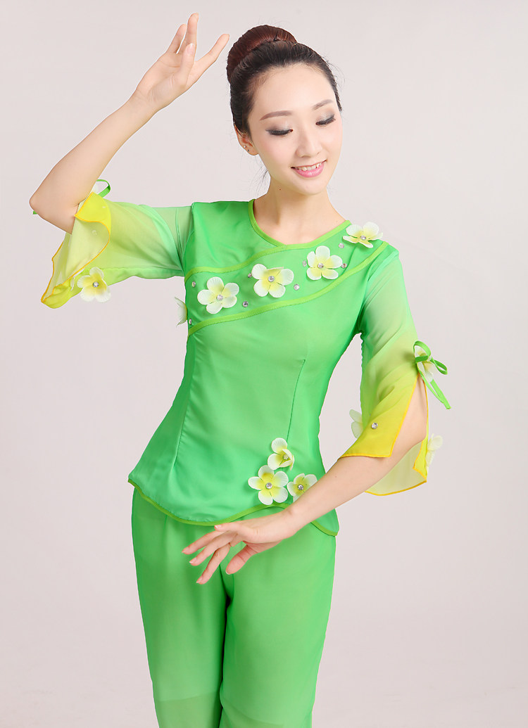 新款秧歌舞蹈服装 茉莉花民族服演出服 淡绿色扇子舞开场舞蹈服