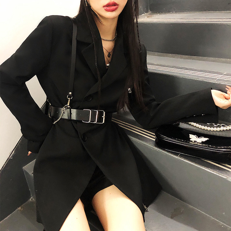 时尚炸街黑色西装外套女韩版英伦风酷帅中长西服西装
