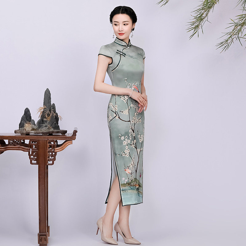 钱塘佳人桑蚕蚕丝真丝旗袍女长款气质优雅中国国风旗袍