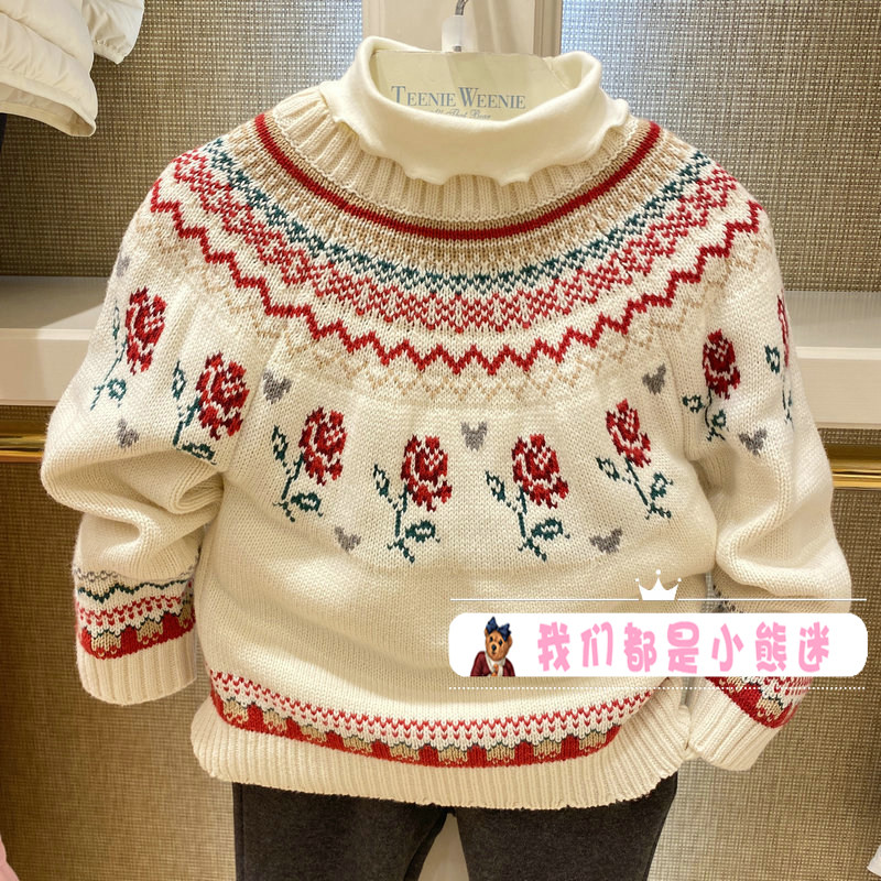 小熊童装女童儿童复古玫瑰提花针织衫毛衣tkkw204t64b毛衣