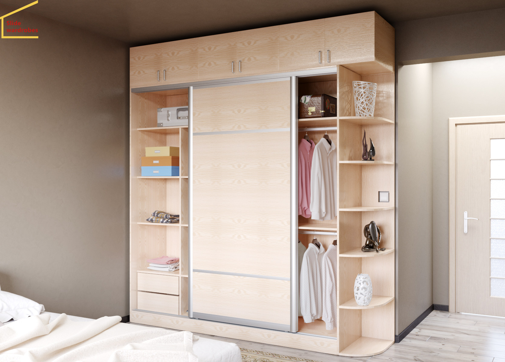 定制木质现代简约整体移门推拉门衣柜带顶箱柜置顶衣柜带角柜e0级