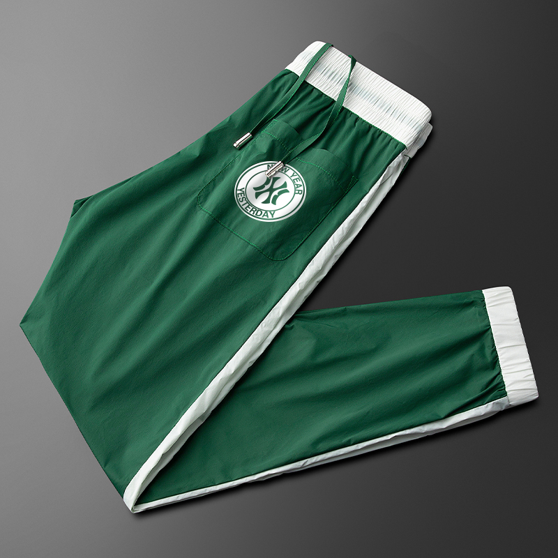 Cevleve潮绿色男士休闲裤超薄长裤束脚卫裤男冰丝软运动夏季裤子