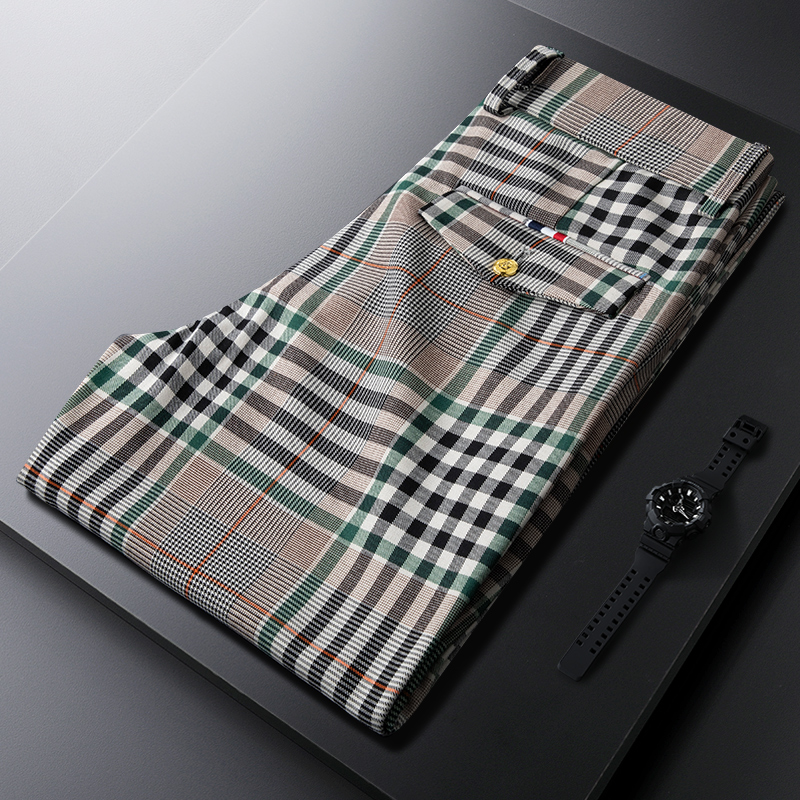 Cevleve高档花格子休闲裤男直筒夏季薄款时尚针织男士商务小西裤