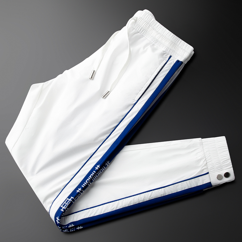 Cevleve白色冰丝运动裤男夏季拉链薄款丝滑裤子男士织带休闲长裤