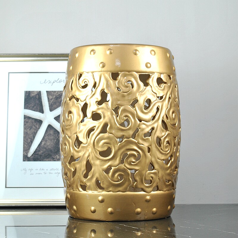 中式圆柱摆件样板房家居饰品鼓墩鼓凳陶瓷雕纹新古典摆件