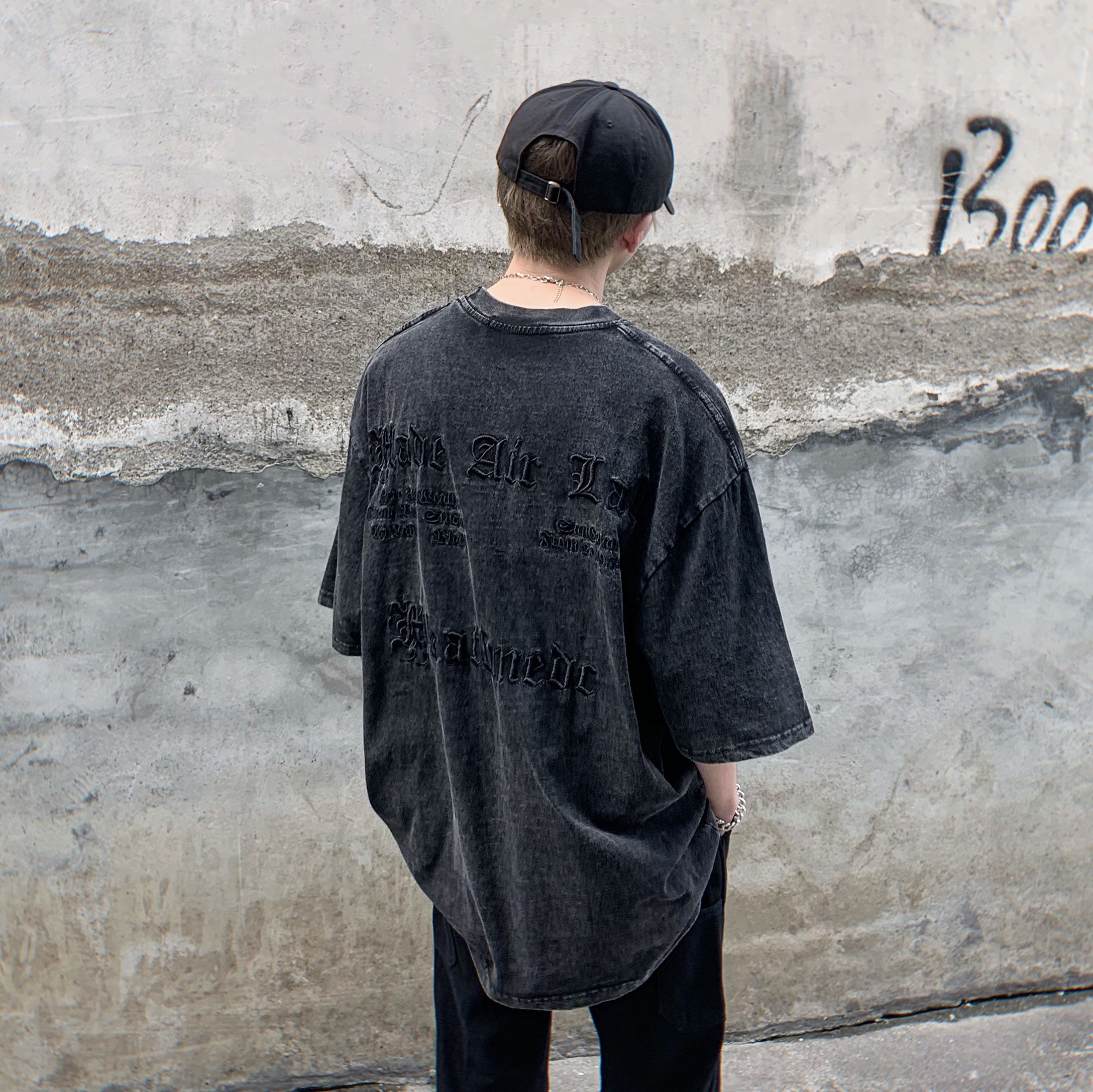 Mz 美式复古水洗做旧字母刺绣设计感小众短袖T恤男街头百搭半袖潮