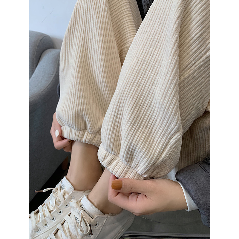 米白色灯芯绒哈伦裤女冬高腰束脚加绒加厚运动萝卜裤老爹奶奶卫裤