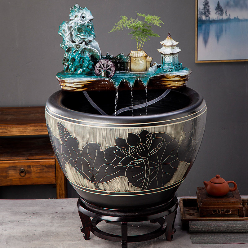 大型陶瓷流水落地鱼缸水缸阳台造景水循环招财鱼缸