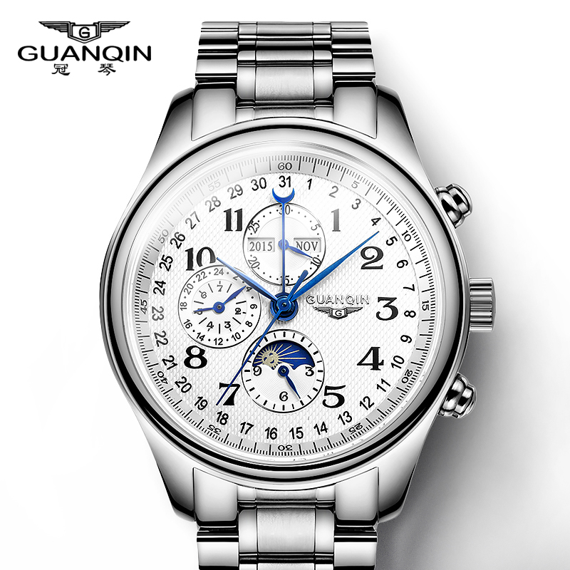 冠琴正品男士手表全自动机械表休闲男表月相复古钢带多功能腕表