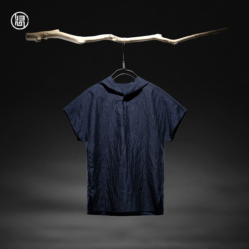 归心原创设计师男装夏季男士连帽t恤男短袖 55.4%亚麻44.6%桑蚕丝