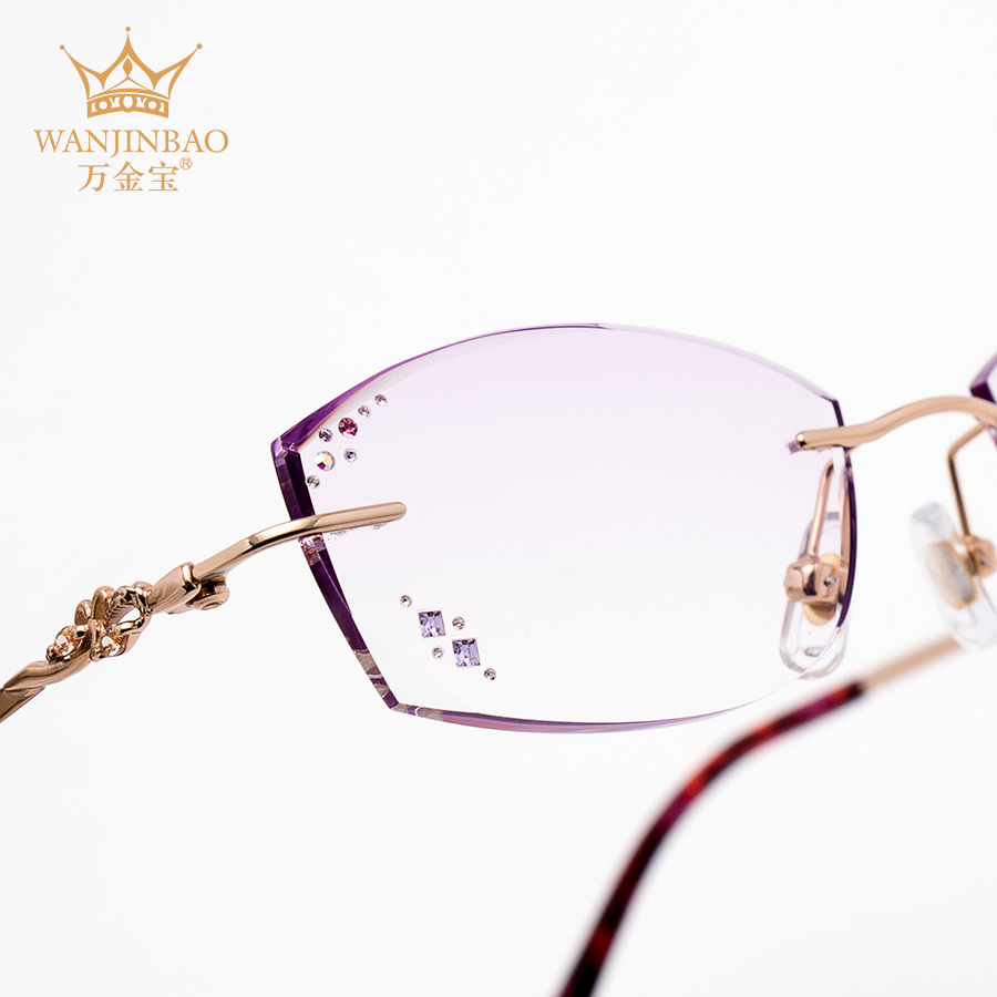 万金宝眼镜女配近视度数纯钛镜架切边镶钻钻石眼镜架