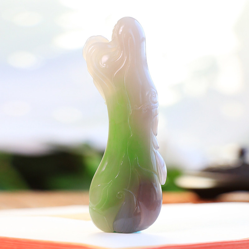 玉美人手把件男士款文玩天然和田玉烟青料带翠遇贵人把玩件120g