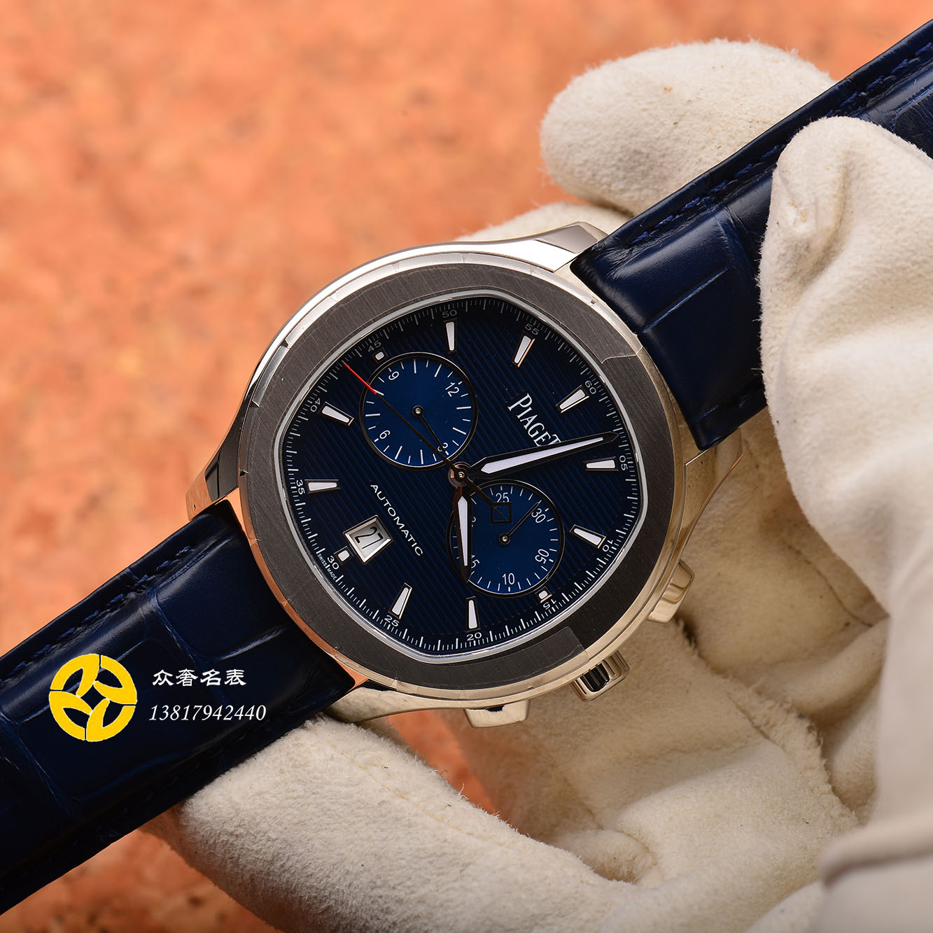 众奢全新r PIAGET伯爵POLO计时码精钢蓝色自动机械男表 G0A43002