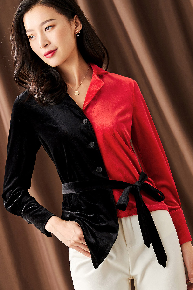 aimitag金丝绒长袖衬衣时尚个性上衣女2019早春系带收腰显瘦新款