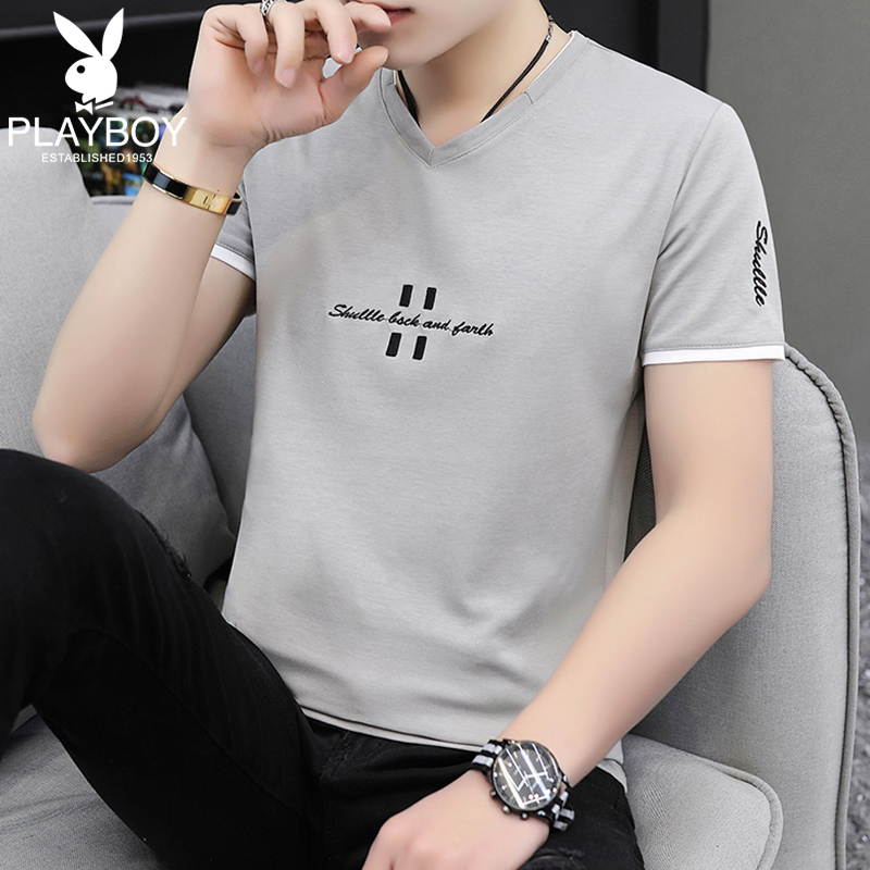花花公子短袖T恤男士夏季冰丝薄款潮牌V领上衣服2022新款潮流男装