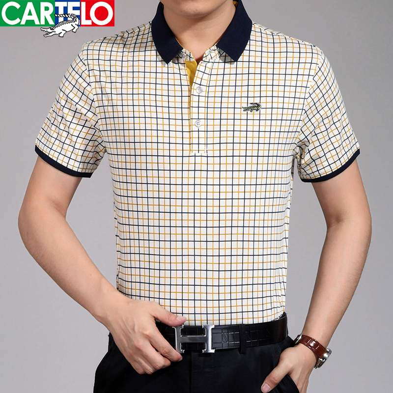卡帝乐鳄鱼短袖t恤男格子中年翻领爸爸装宽松大码冰丝半袖上衣服