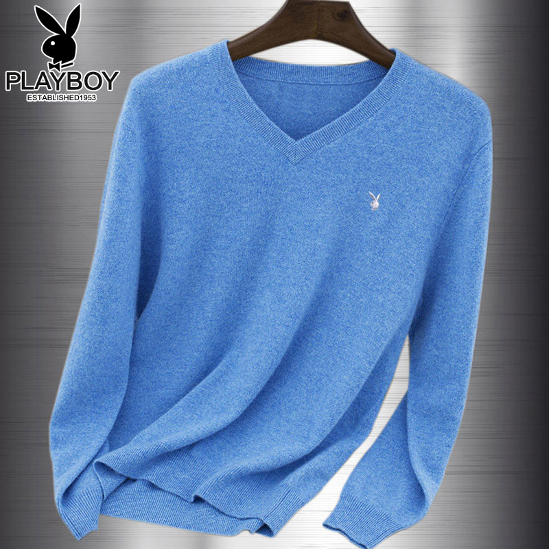 花花公子秋冬羊毛衫男士V领加厚针织衫鸡心领套头毛衣纯色打底衫