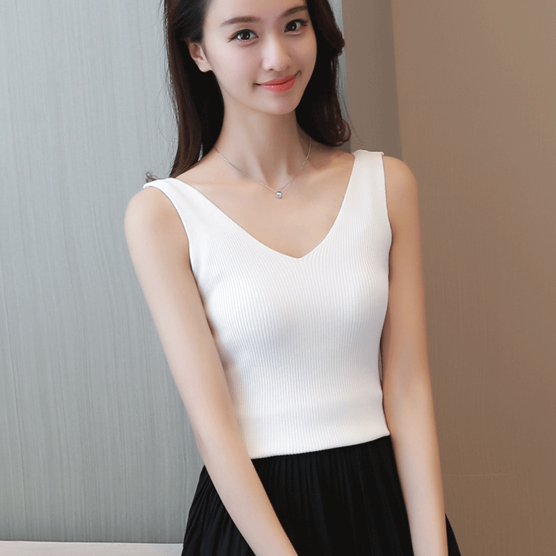 春夏装新款女装百搭修身波浪v领性感无袖针织打底衫吊带小背心女