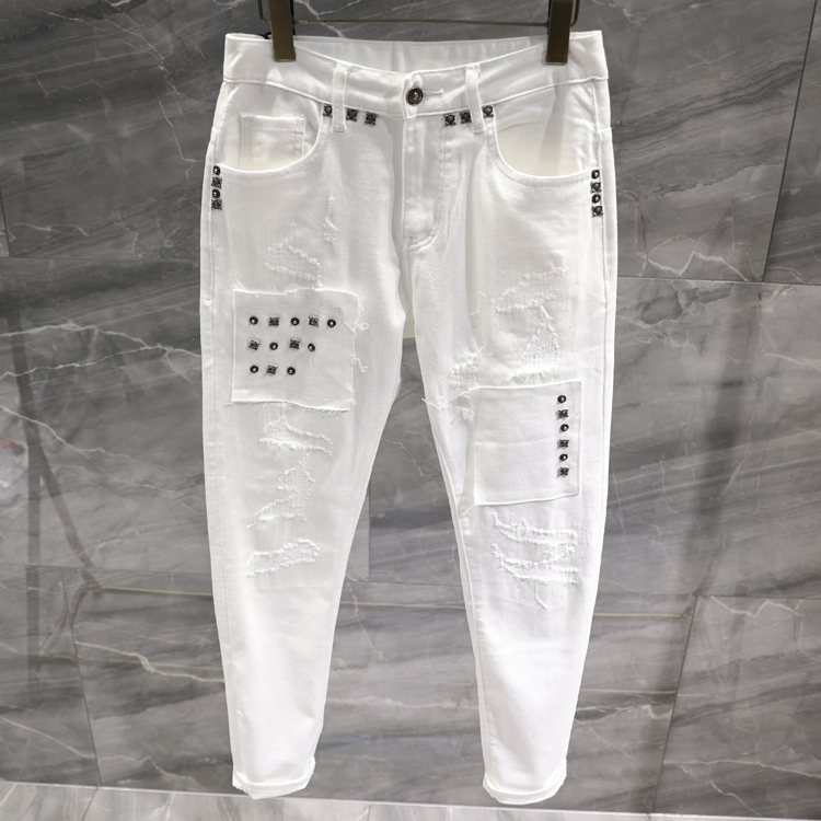 2021夏季欧货薄款柳丁补丁设计磨破水洗修身弹力小脚白色牛仔裤潮