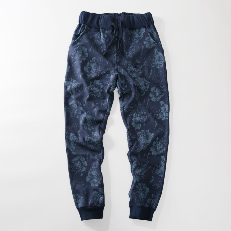 米西小铺日系蓝色花朵印花薄款毛圈布抽绳修身潮男卫裤休闲运动裤