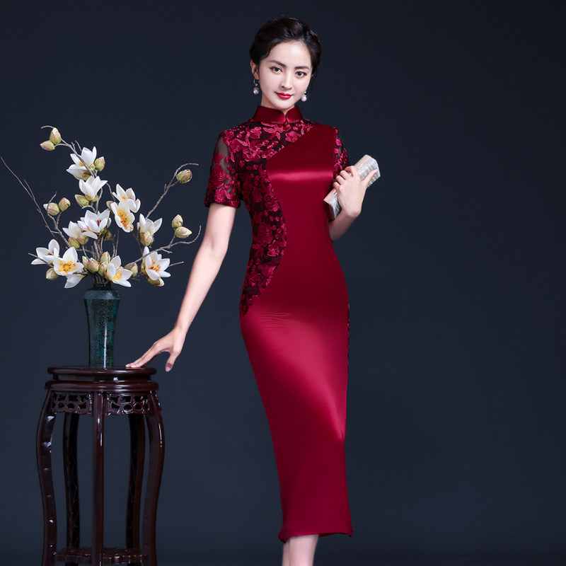 高端妈妈婚宴新娘婆婆婚礼旗袍礼服醋酸连衣裙旗袍