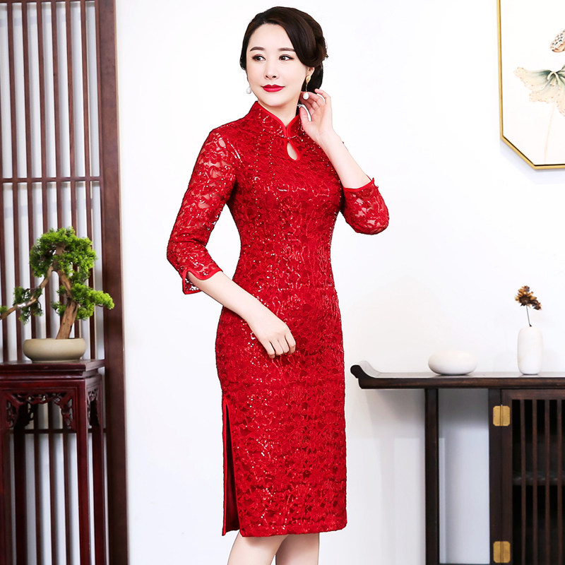 中老年女装婚宴礼服喜婆婆改良修身旗袍气质妈妈连衣裙