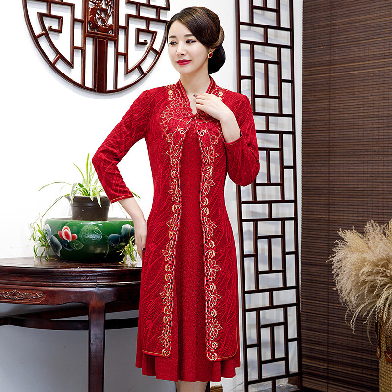 秋冬婚礼礼服妈妈套装连衣裙中老年时尚两件件套中老年女装