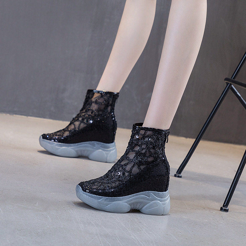 透明网纱短靴女内增高单靴子水钻亮片透气镂空夏季新款拉链马丁靴