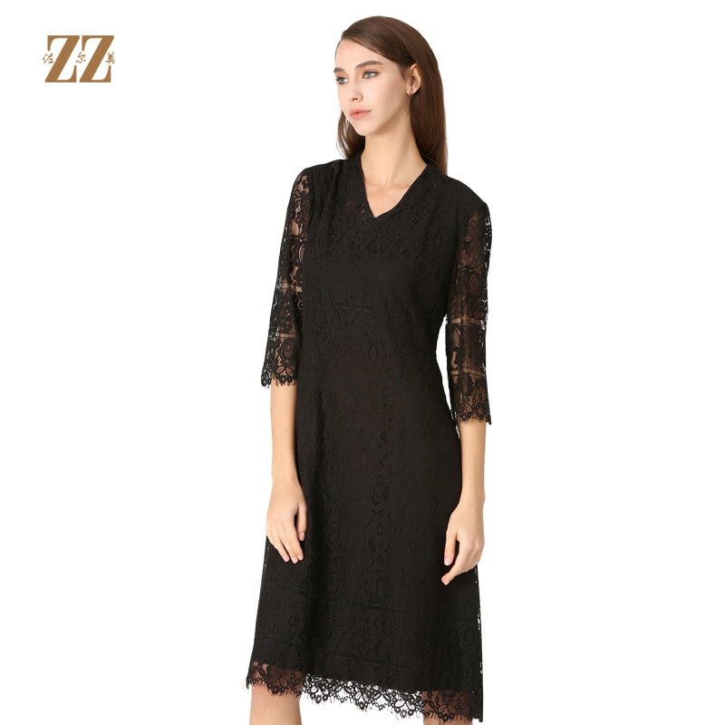 佐尔美佐尔美秋季新品女装深紫蕾丝修身显瘦连衣裙