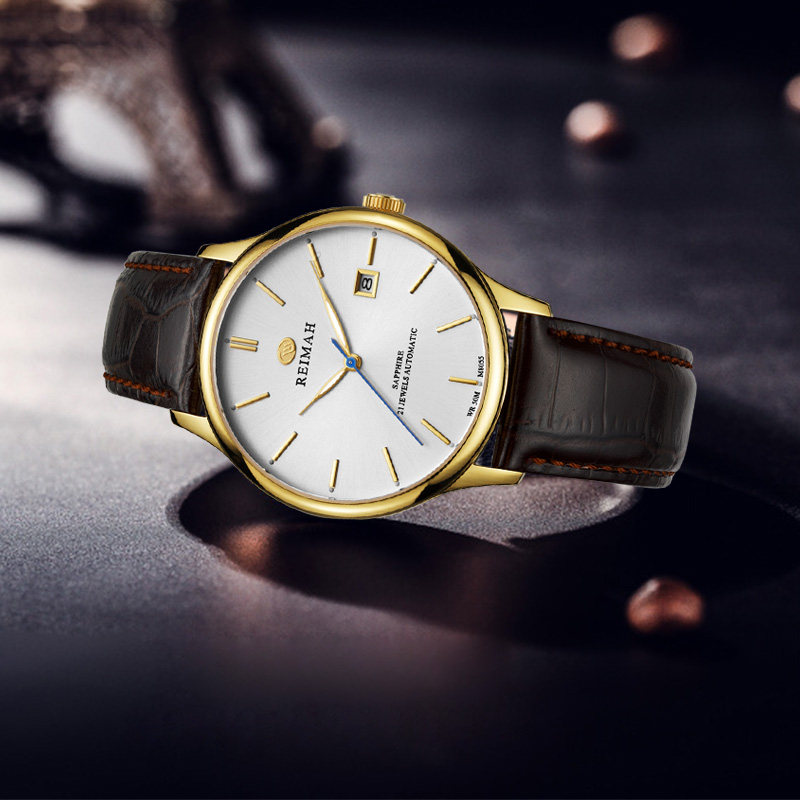 手表雷迈男士真皮全自动机械表商务时尚休闲镂空日历国产腕表