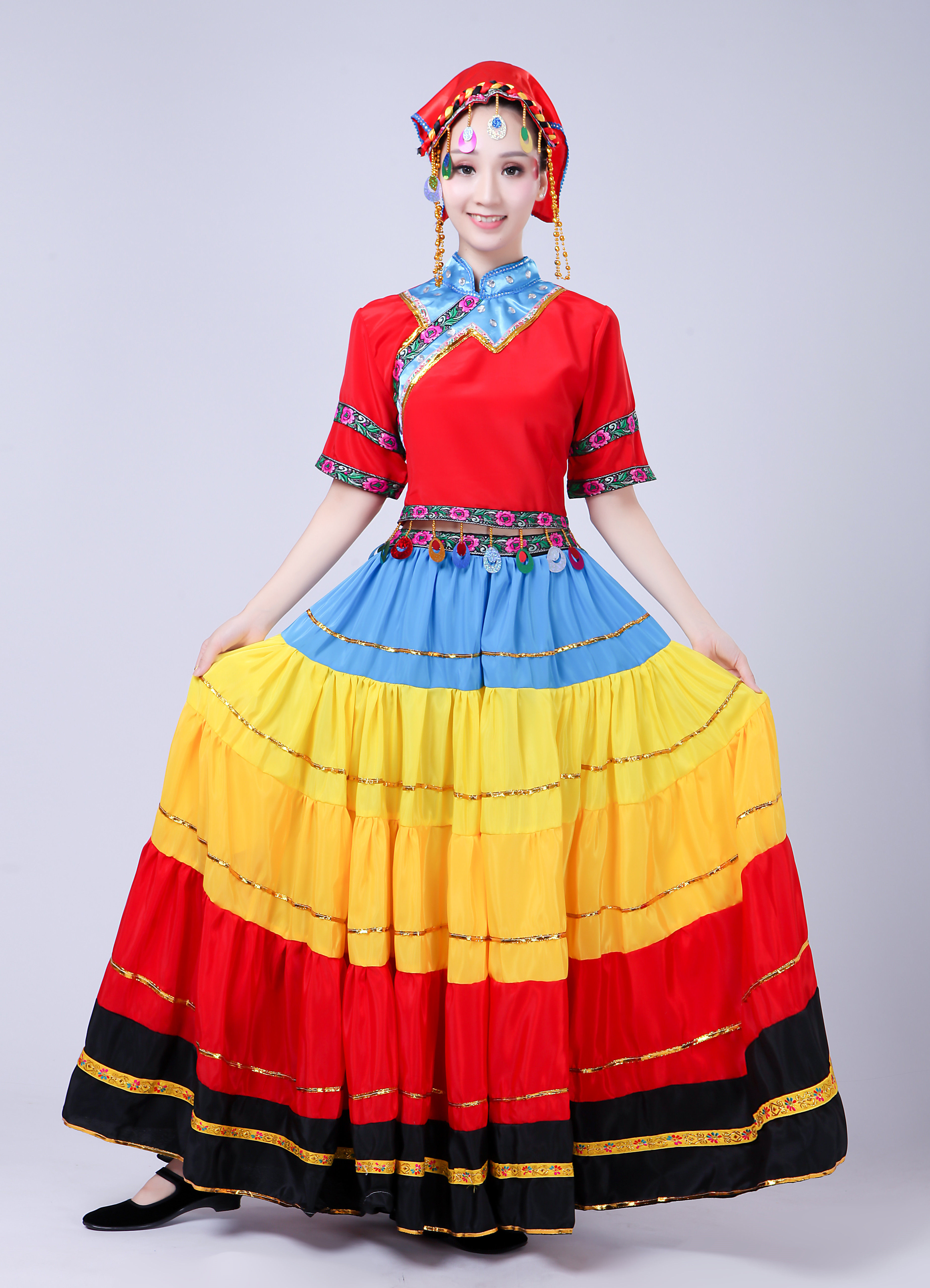 演出新款彝族七月火把节七彩大摆演出服服装少数民族民族服装