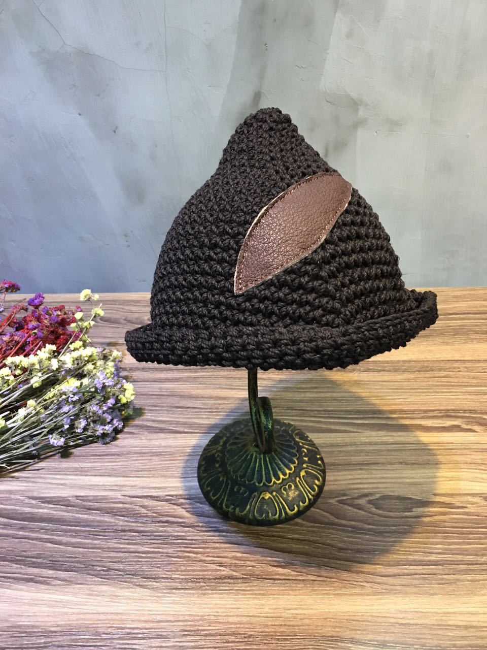 秋冬新款粗织厚实个性棉麻拼皮大码休闲三角帽子