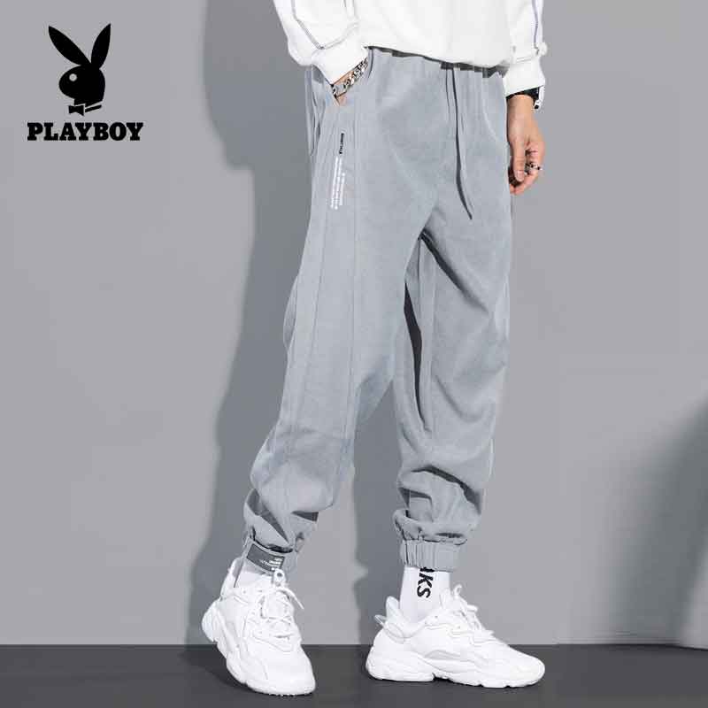 花花公子灰色休闲裤男宽松春秋卫裤百搭潮流束脚裤男士春季针织裤