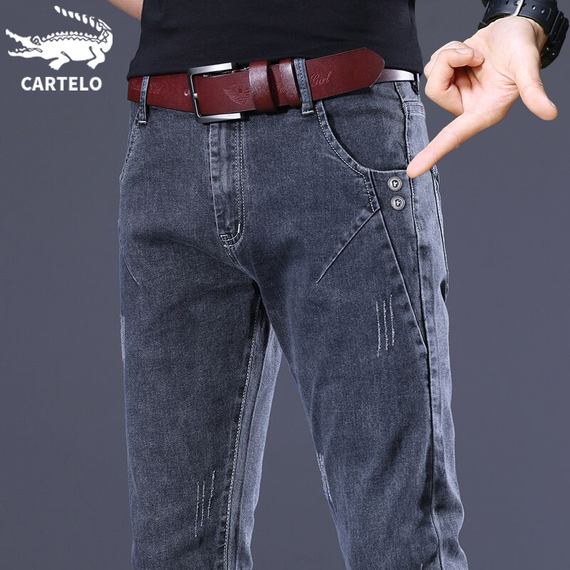 鳄鱼休闲牛仔裤男士秋季2022新款修身小脚潮牌潮流深灰长裤子男裤