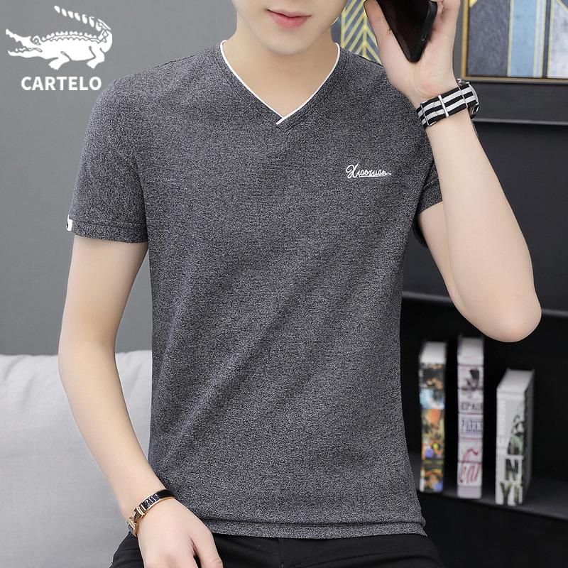 鳄鱼冰丝短袖t恤男士2022年新款半袖体恤潮牌夏季薄款V领衣服男装