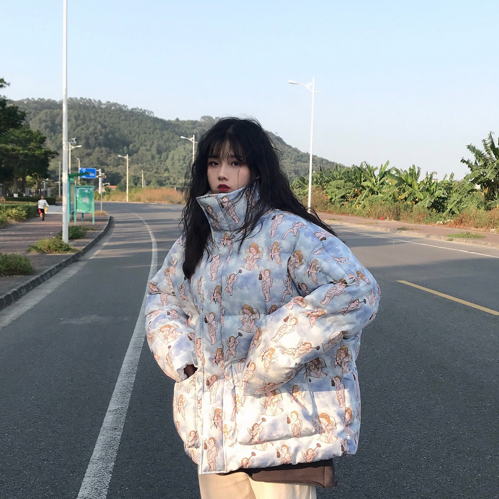 TWOWINLAB满印云雾天使宽松男女情侣棉衣嘻哈外套蓝天白云棉服